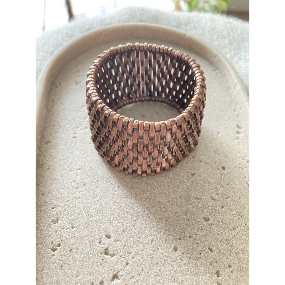 Brutalist Wide Copper Tone‎ Stretch Bracelet Open Lattice Basketweave Modernist